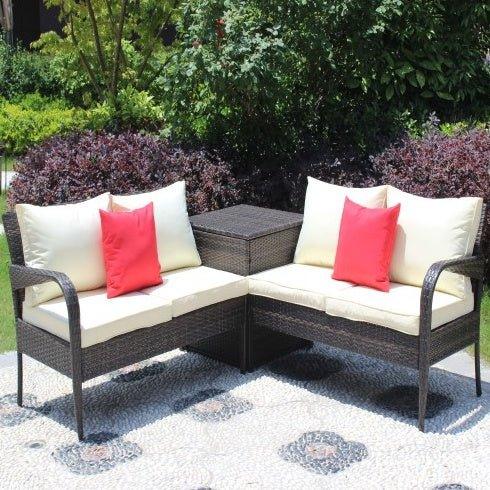 3 Piece Patio Sectional Wicker Rattan Outdoor Furniture Sofa Set With Storage Box Brown - Home Decoration Plus