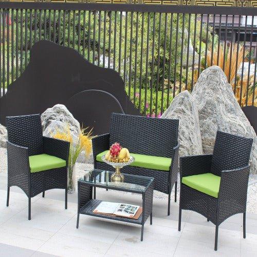 4 PC Rattan Patio Furniture Set Outdoor Patio Cushioned Seat Wicker Sofa Green Cushion - Home Decoration Plus