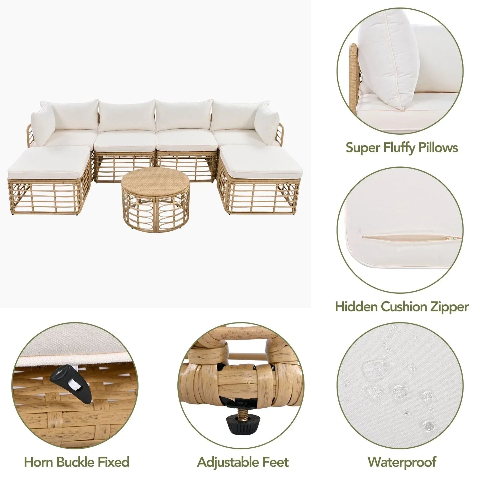 GO 7 Pieces Outdoor Patio Furniture Set - All-Weather Rattan Sectional Sofa with Thick Cushions - Home Decoration Plus