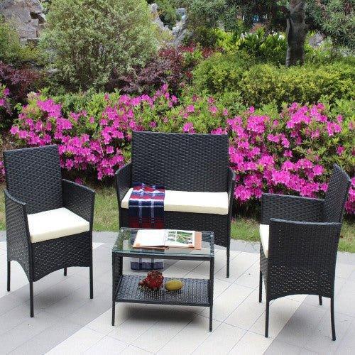 4 PC Rattan Patio Furniture Set Outdoor Patio Cushioned Seat Wicker Sofa Beige Cushion - Home Decoration Plus
