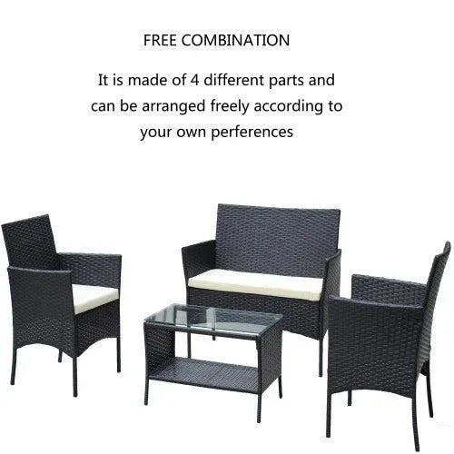 4 PC Rattan Patio Furniture Set Outdoor Patio Cushioned Seat Wicker Sofa Beige Cushion - Home Decoration Plus