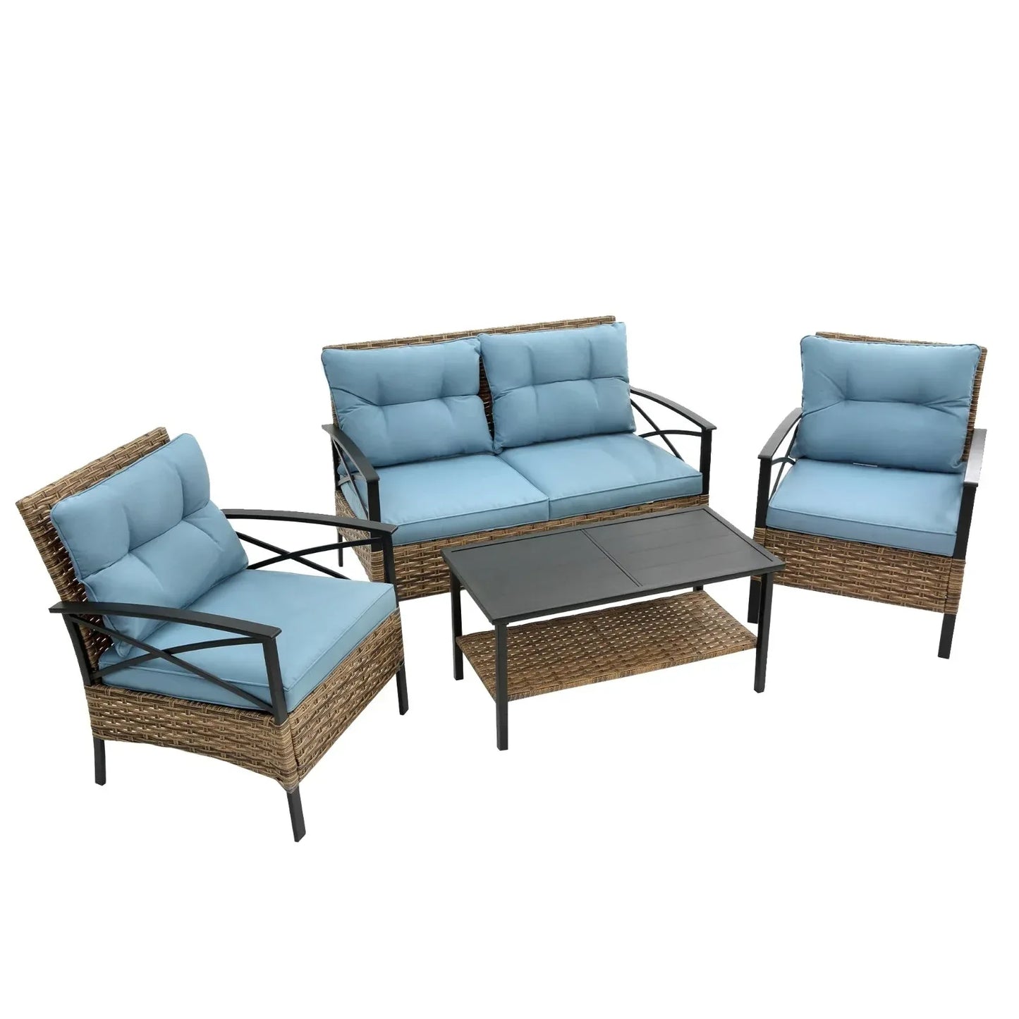 4-Piece Patio Sectional Low Dining Sofa Set - KD Rattan Wicker Outdoor - Home Decoration Plus