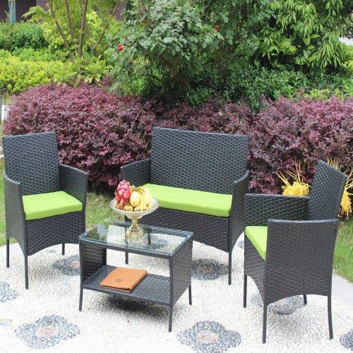 4 PC Rattan Patio Furniture Set Outdoor Patio Cushioned Seat Wicker Sofa Green Cushion - Home Decoration Plus