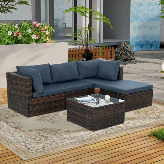 5-Piece Outdoor Patio Furniture Set - PE Wicker with Tempered Glass Table - Home Decoration Plus