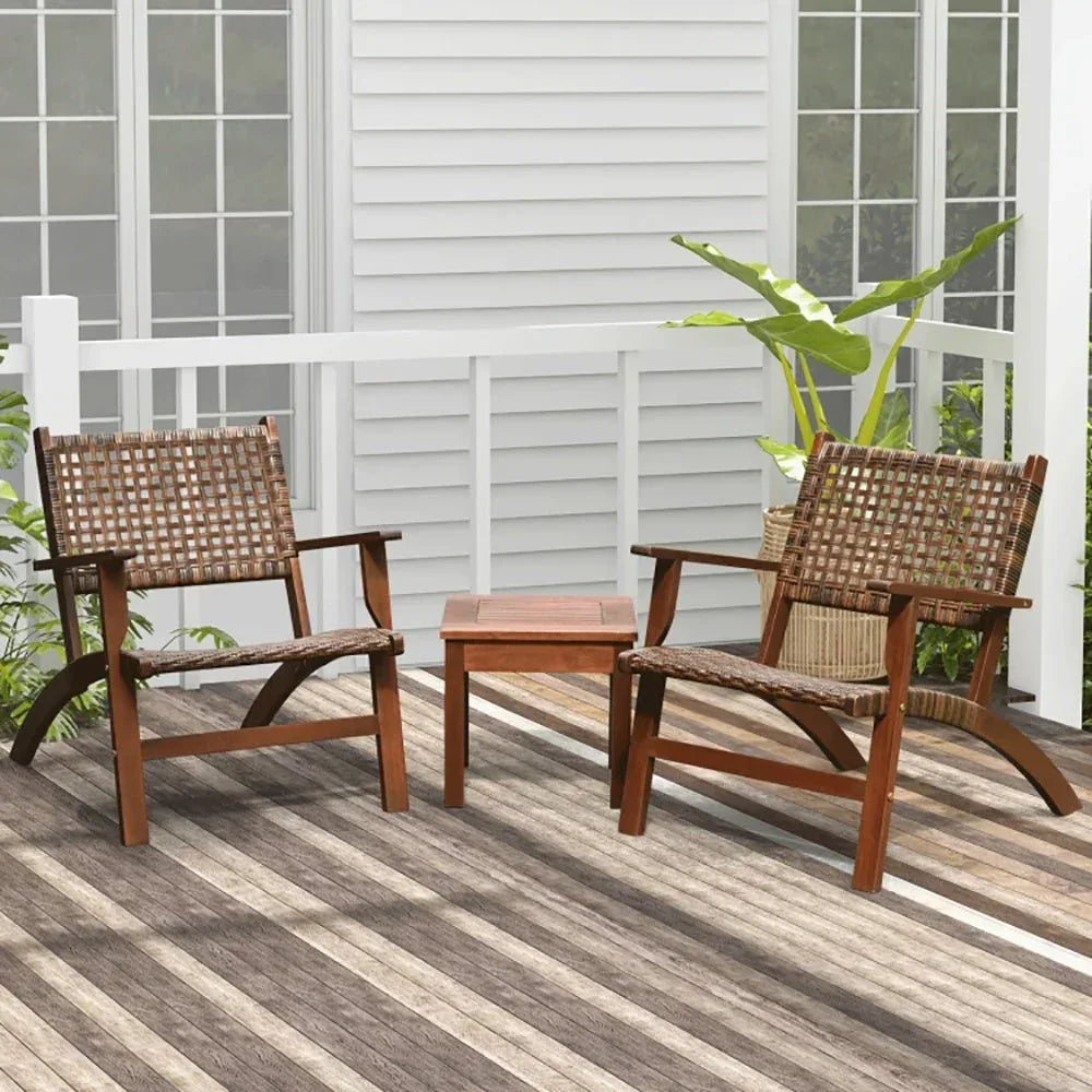 3 Pieces Outdoor Wooden Patio Rattan Furniture Set - Home Decoration Plus