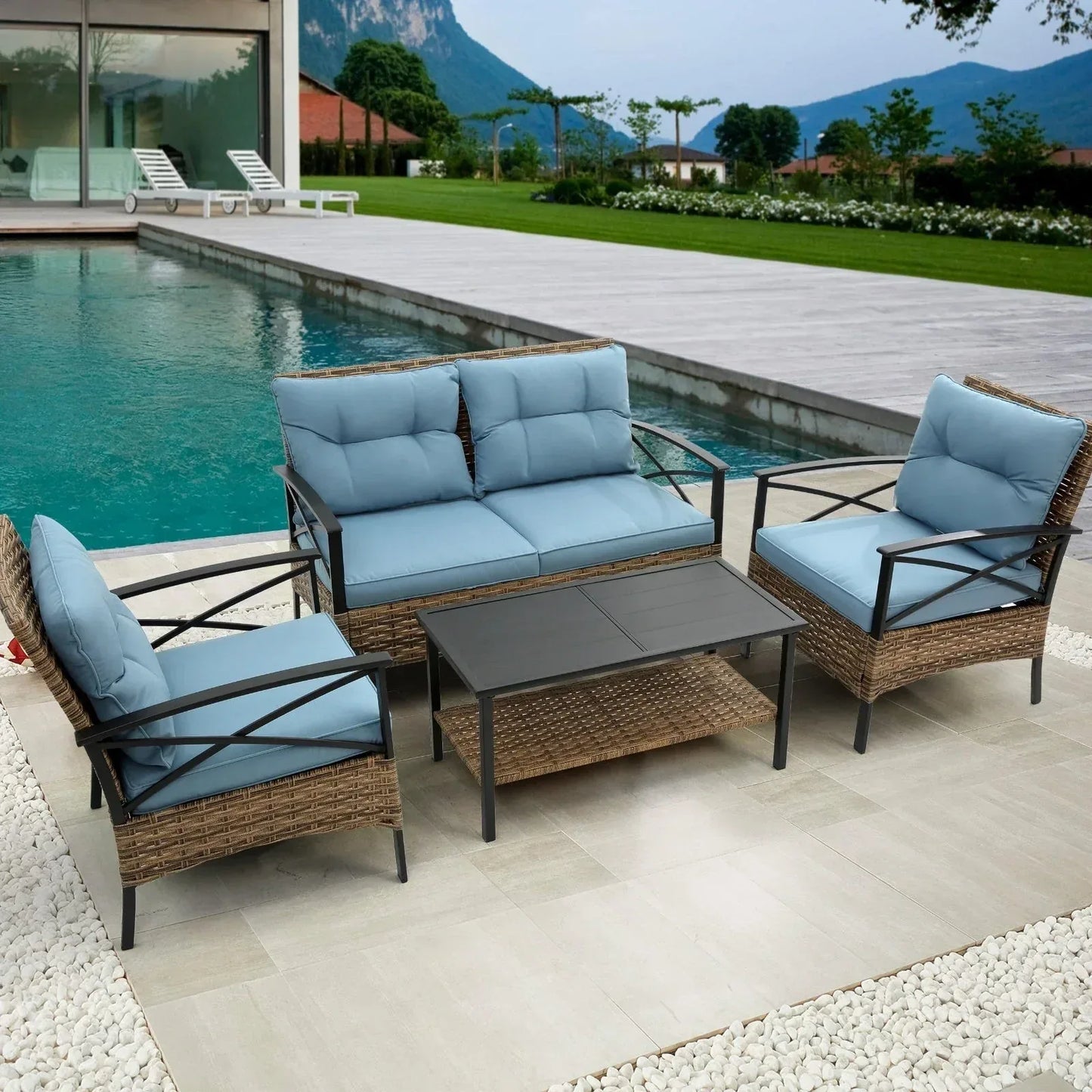 4-Piece Patio Sectional Low Dining Sofa Set - KD Rattan Wicker Outdoor - Home Decoration Plus