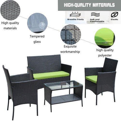 4 PC Rattan Patio Furniture Set Outdoor Patio Cushioned Seat Wicker Sofa Green Cushion - Home Decoration Plus