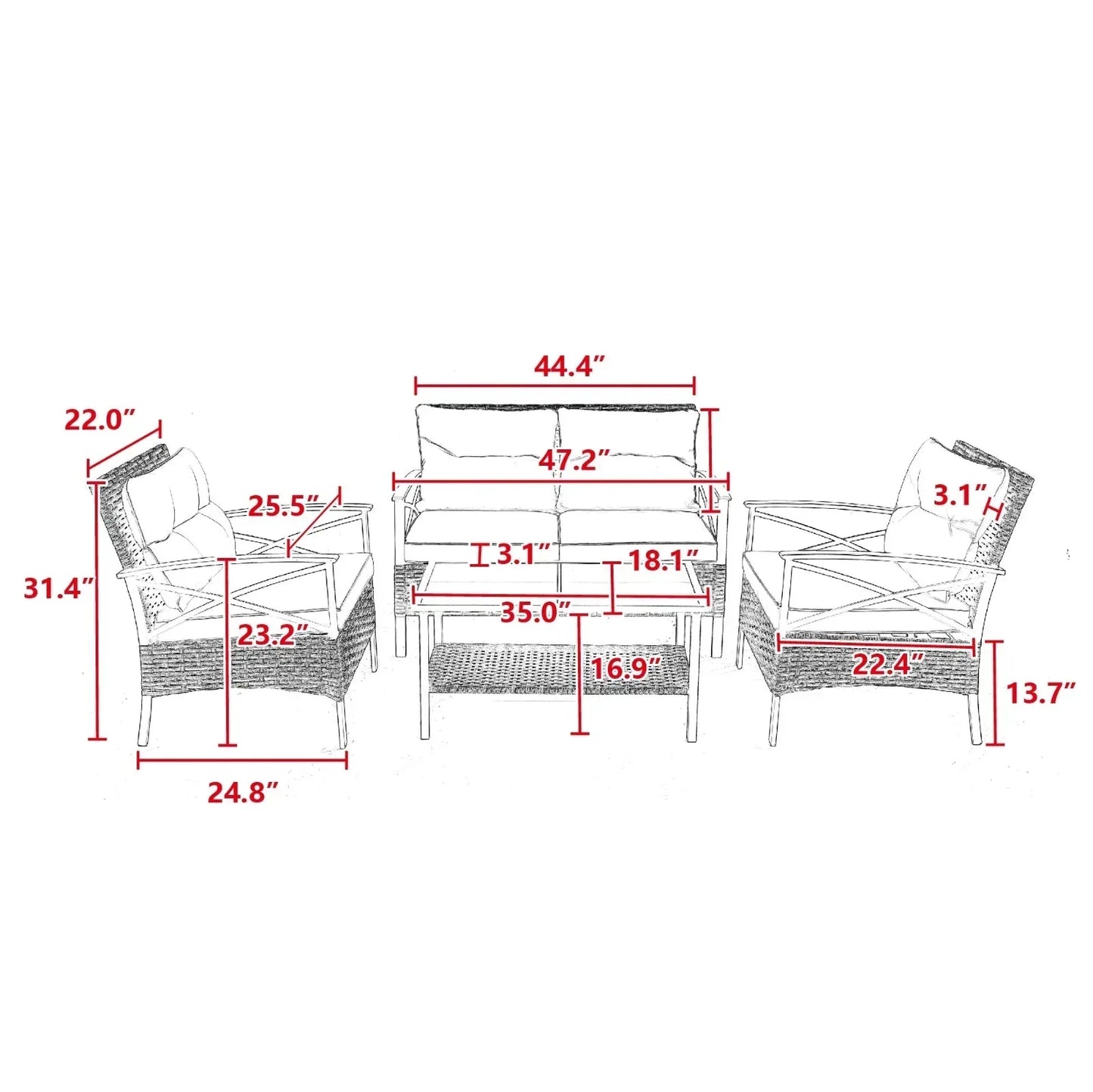 4-Piece Patio Sectional Low Dining Sofa Set - KD Rattan Wicker Outdoor - Home Decoration Plus