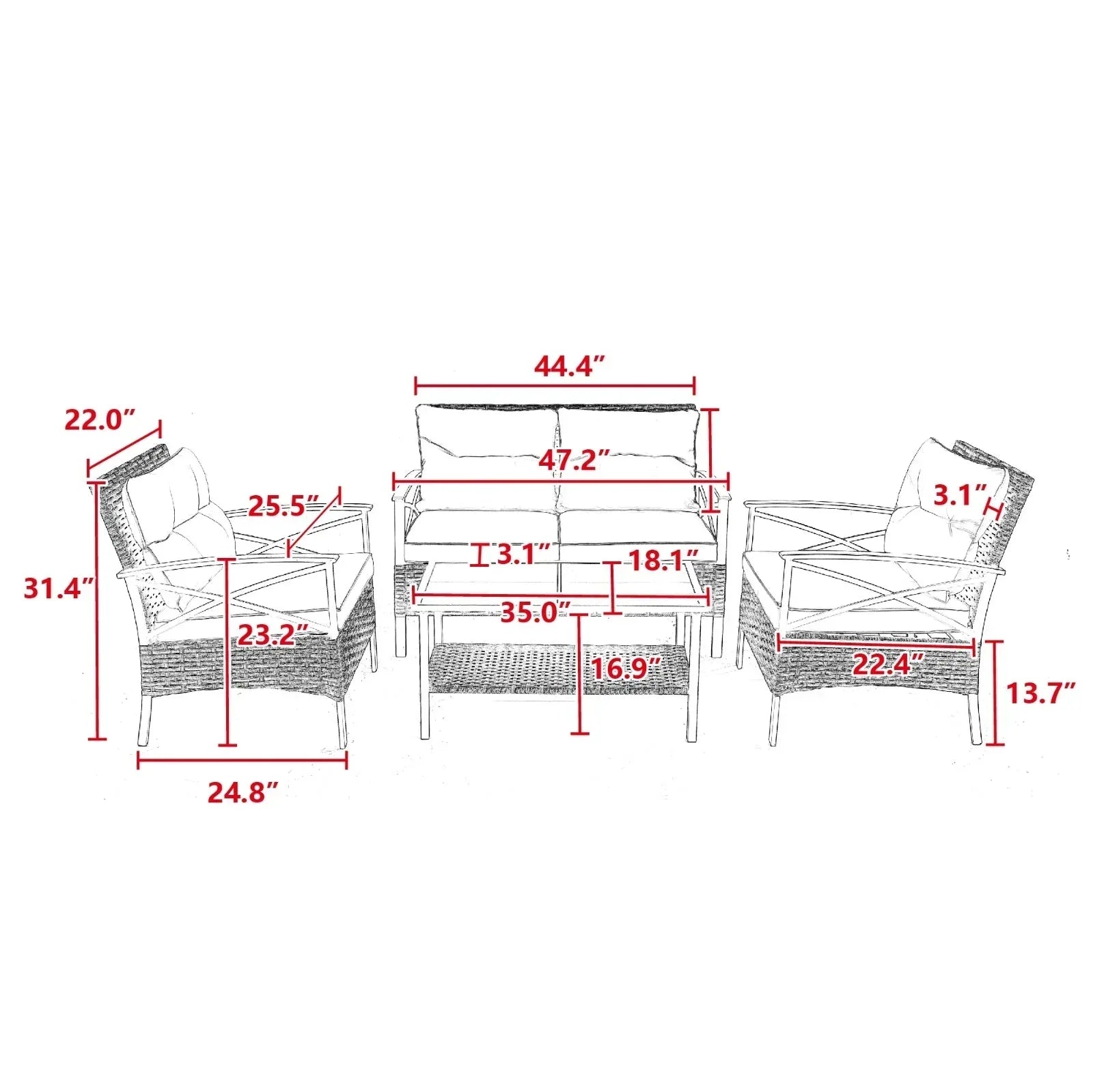 4-Piece Patio Sectional Low Dining Sofa Set - KD Rattan Wicker Outdoor - Home Decoration Plus