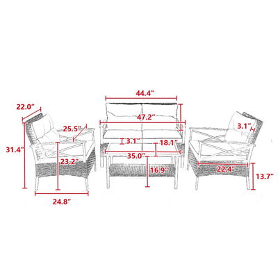 4-Piece Patio Sectional Low Dining Sofa Set - KD Rattan Wicker Outdoor Furniture
