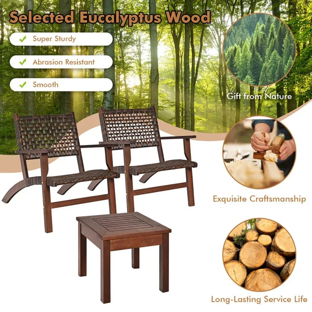 3 Pieces Outdoor Wooden Patio Rattan Furniture Set - Home Decoration Plus