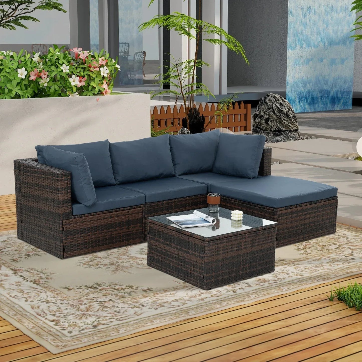 5-Piece Outdoor Patio Furniture Set - PE Wicker with Tempered Glass Table - Home Decoration Plus