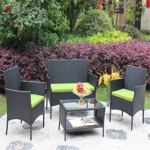 4 PC Rattan Patio Furniture Set Outdoor Patio Cushioned Seat Wicker Sofa Green Cushion - Home Decoration Plus
