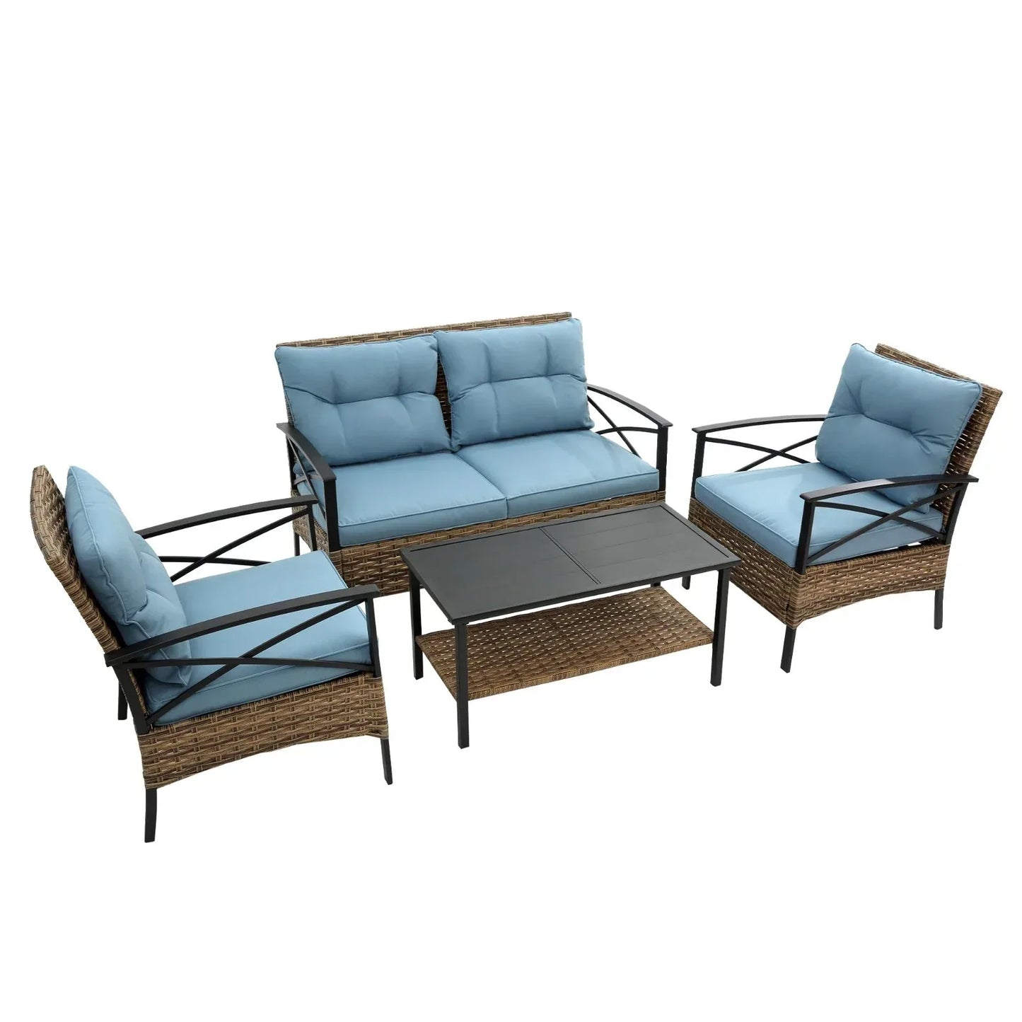 4-Piece Patio Sectional Low Dining Sofa Set - KD Rattan Wicker Outdoor - Home Decoration Plus