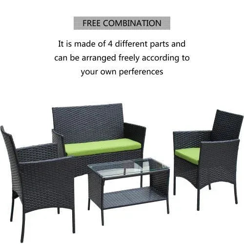 4 PC Rattan Patio Furniture Set Outdoor Patio Cushioned Seat Wicker Sofa Green Cushion - Home Decoration Plus