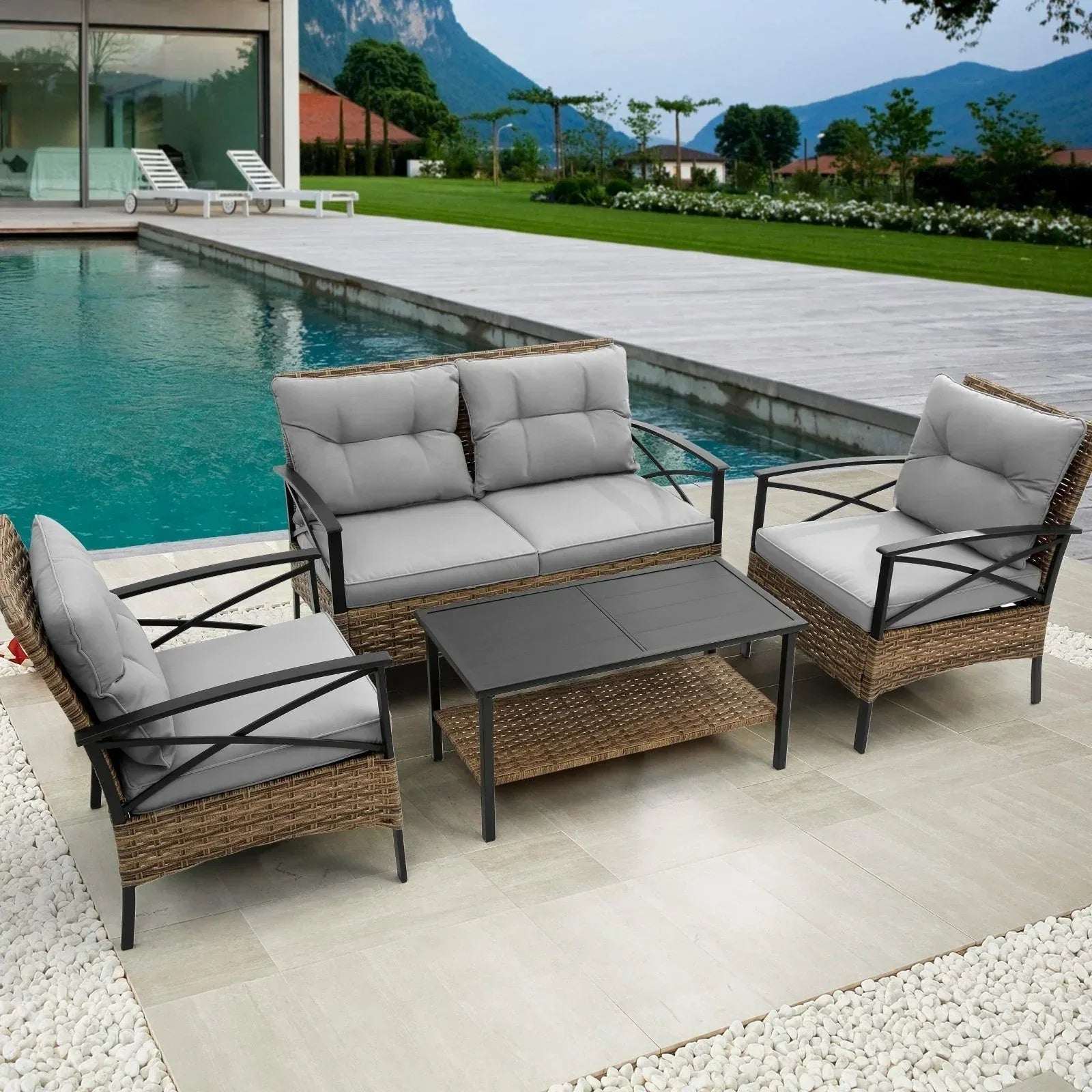 4-Piece Patio Sectional Sofa Set - KD Rattan Wicker Outdoor Garden Furniture - Home Decoration Plus