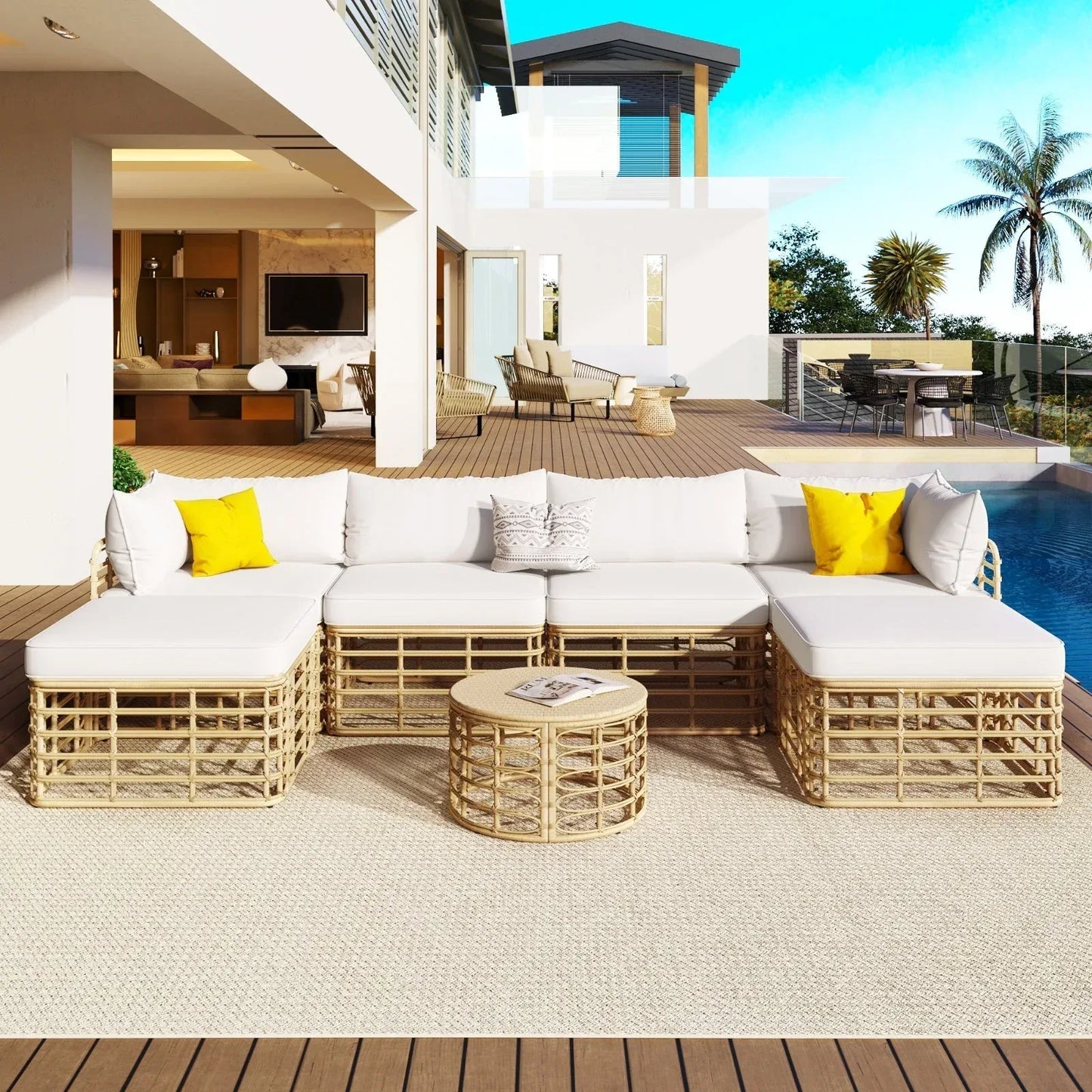 GO 7 Pieces Outdoor Patio Furniture Set - All-Weather Rattan Sectional Sofa with Thick Cushions - Home Decoration Plus