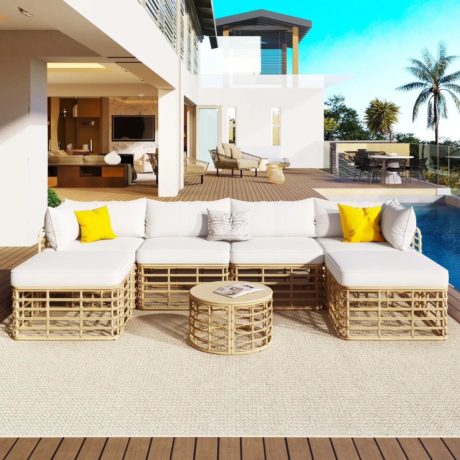 GO 7 Pieces Outdoor Patio Furniture Set - All-Weather Rattan Sectional Sofa with Thick Cushions - Home Decoration Plus
