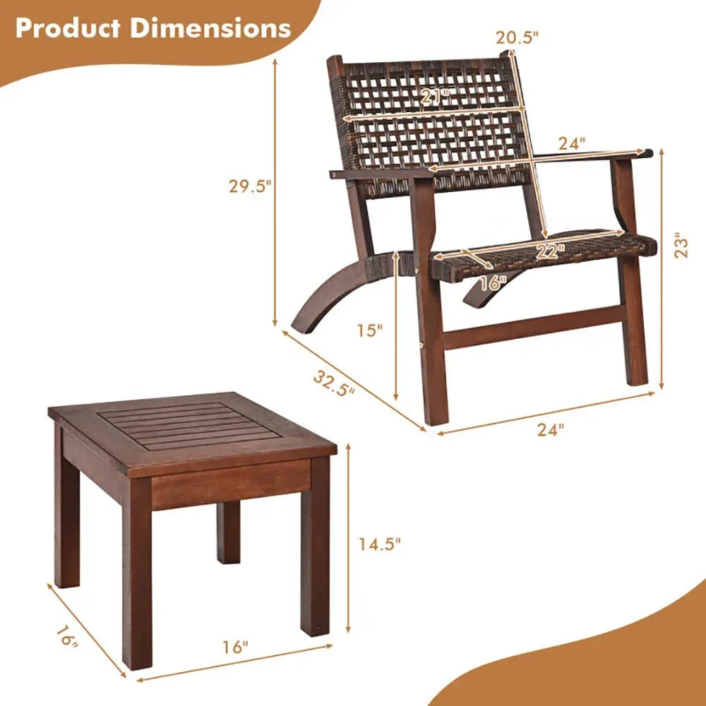3 Pieces Outdoor Wooden Patio Rattan Furniture Set - Home Decoration Plus