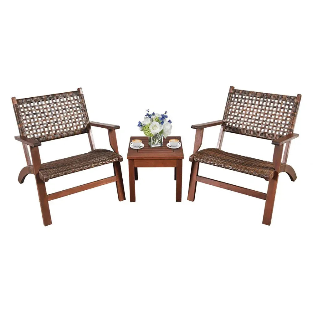 3 Pieces Outdoor Wooden Patio Rattan Furniture Set - Home Decoration Plus