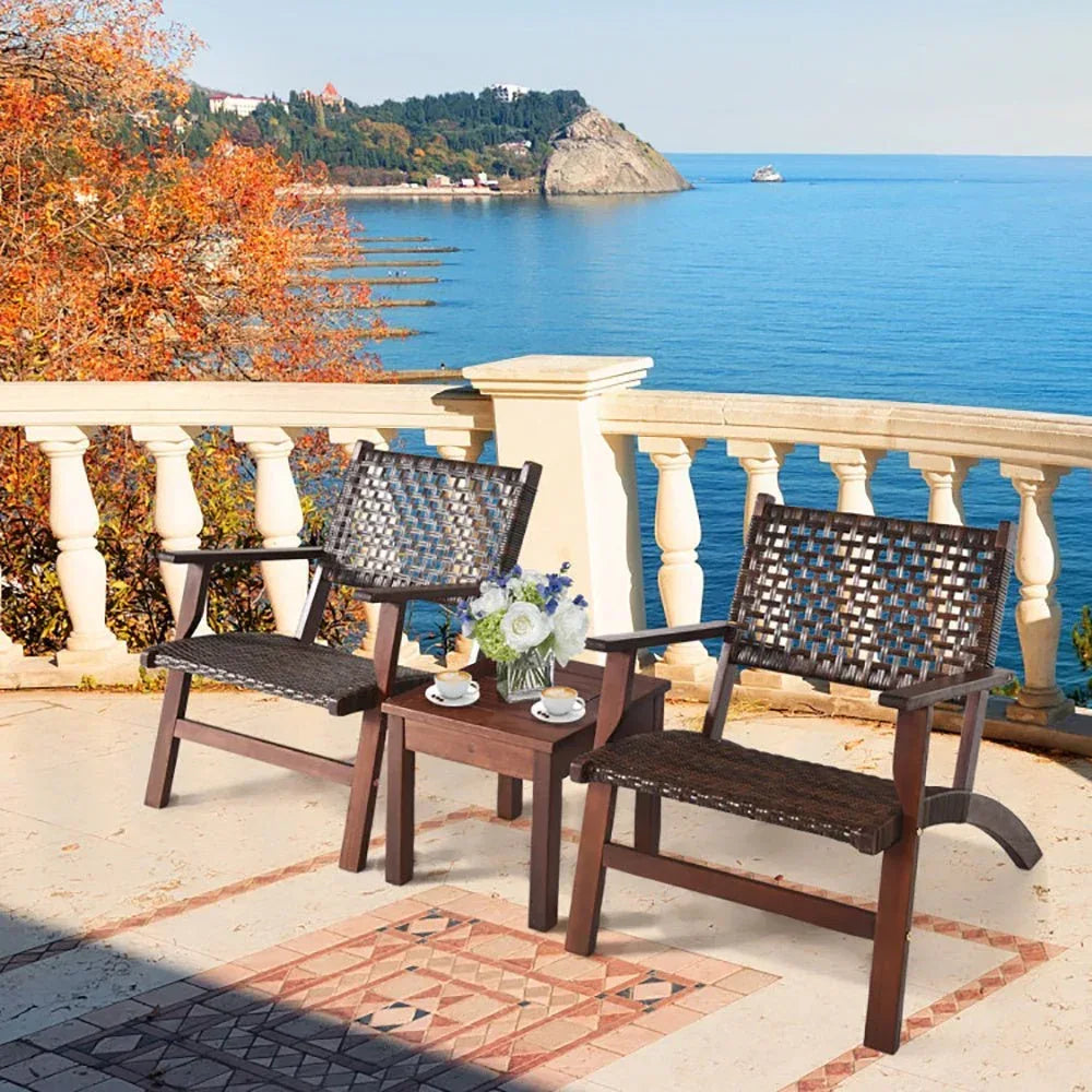3 Pieces Outdoor Wooden Patio Rattan Furniture Set - Home Decoration Plus
