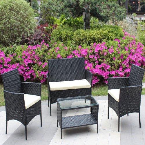 4 PC Rattan Patio Furniture Set Outdoor Patio Cushioned Seat Wicker Sofa Beige Cushion - Home Decoration Plus