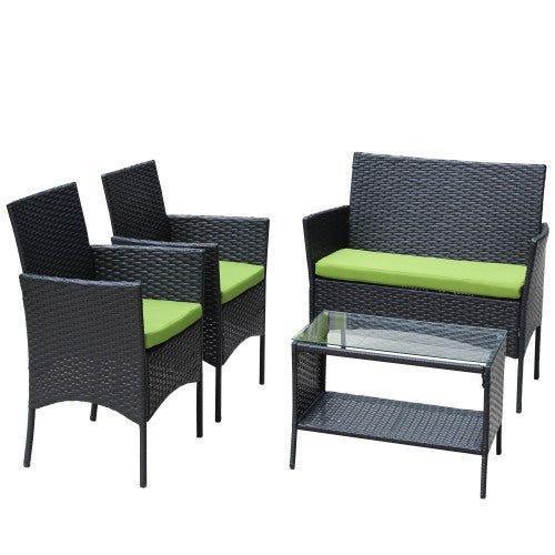 4 PC Rattan Patio Furniture Set Outdoor Patio Cushioned Seat Wicker Sofa Green Cushion - Home Decoration Plus