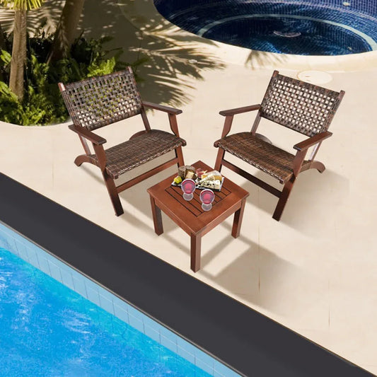 3 Pieces Outdoor Wooden Patio Rattan Furniture Set - Home Decoration Plus