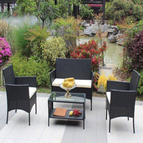 4 PC Rattan Patio Furniture Set Outdoor Patio Cushioned Seat Wicker Sofa Beige Cushion - Home Decoration Plus
