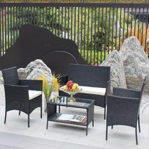 4 PC Rattan Patio Furniture Set Outdoor Patio Cushioned Seat Wicker Sofa Beige Cushion - Home Decoration Plus